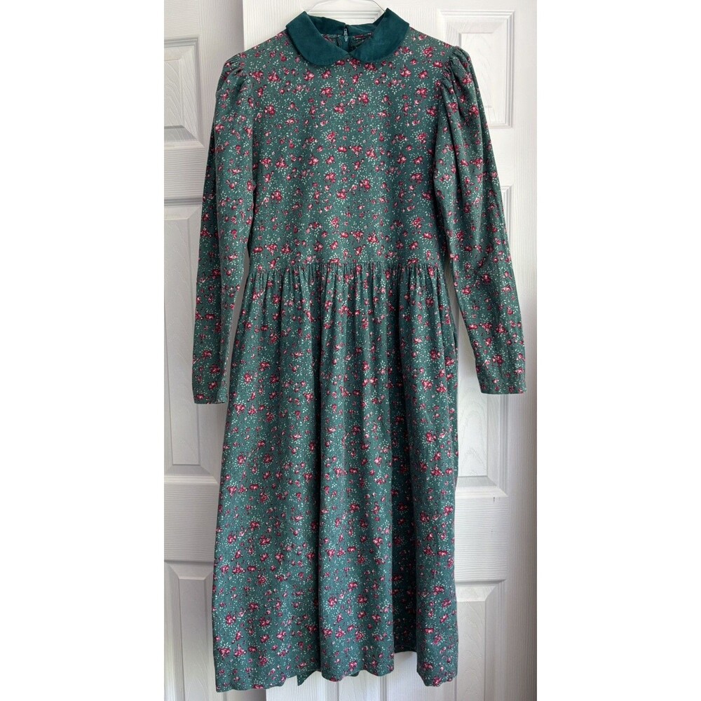 VTG 80s Laura Ashley Prairie Dress Green Floral Made In Great Britain Cottage 12